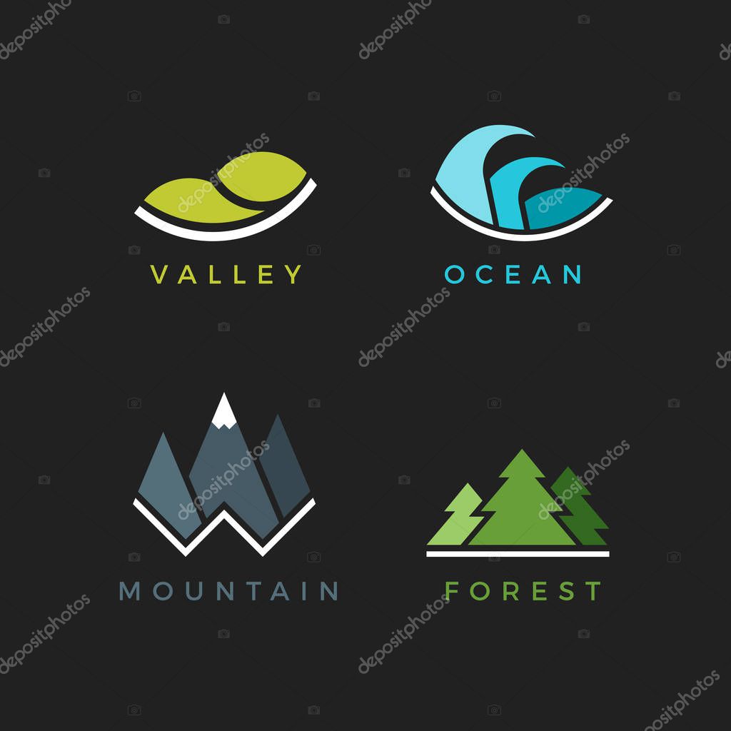 Landscape flat icons. Vector landscape set: valley, ocean, mountain, forest.