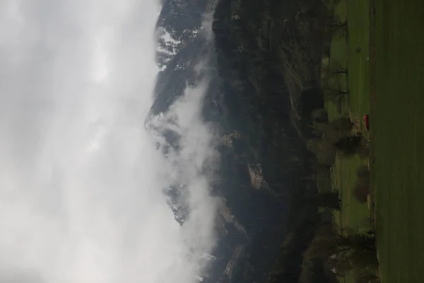 Mistige wolken stijgen van donkere alpine bergbos — Stockfoto