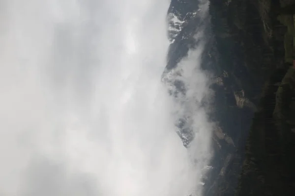 Nubes de niebla surgiendo del oscuro bosque montañoso alpino — Foto de Stock