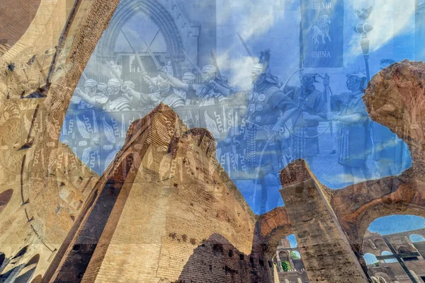 Doppia esposizione con vista fisheye all'interno del Colosseo e romana — Foto Stock