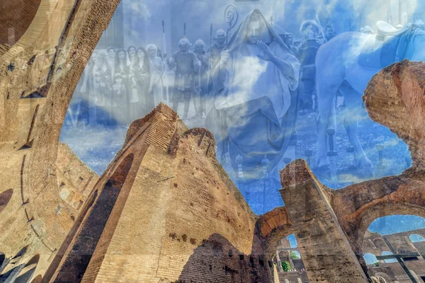 Doppia esposizione con vista fisheye all'interno del Colosseo e romana — Foto Stock