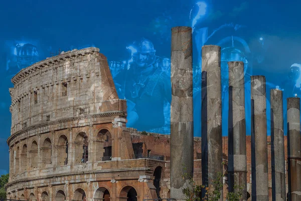 Dvojitá expozice s výhledem mimo Koloseum a římské soldie — Stock fotografie