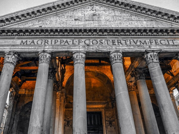 Black and color front view of Rome Pantheon