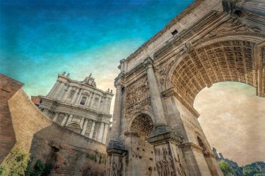 Arch Septimius Severus ve kilise Santi Luc ile eski fotoğraf
