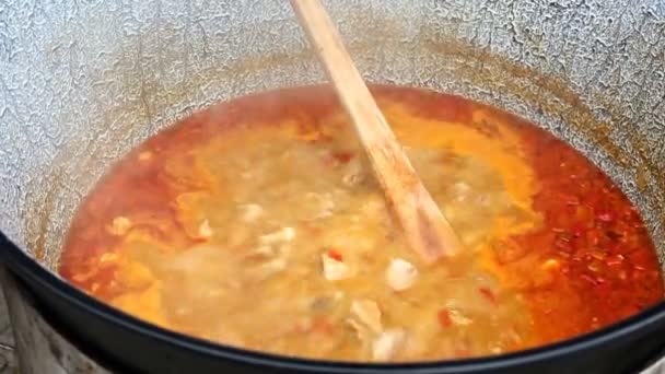 Goulash soep bereid in een grote pot — Stockvideo