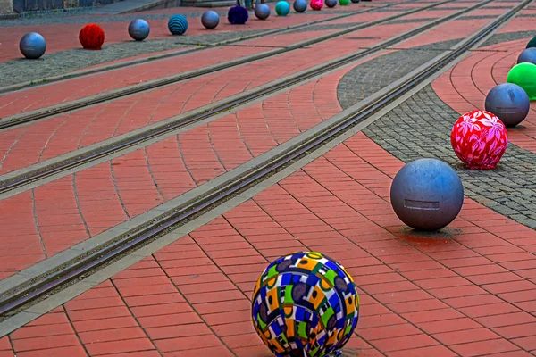 Decorations on a street pavement with tramlines — Stock Photo, Image