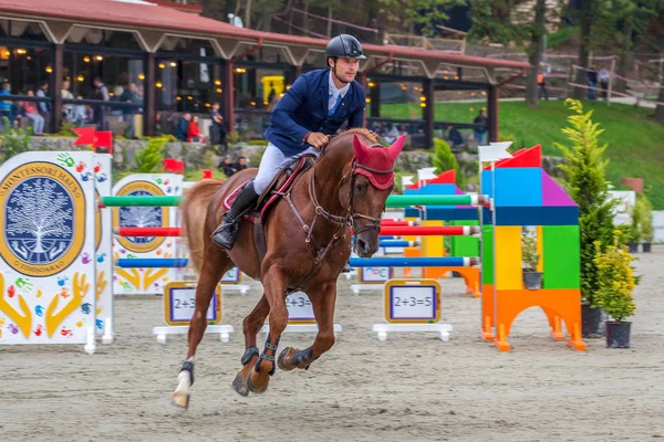 Cavaleiro e cavalo no show jumping — Fotografia de Stock
