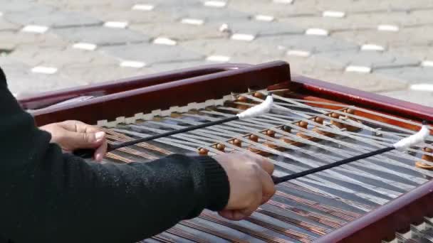 ティミショアラ ルーマニア 2018 正体不明のジプシーのストリート アーティスト バイオリン弾き 勝利広場の市 ダルシマー シンバルの楽器で再生 — ストック動画