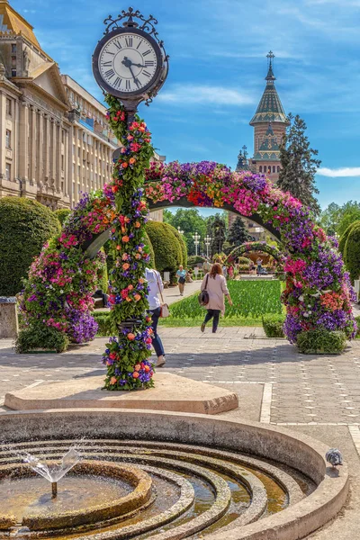 Beautiful floral decorations in Victory Square, Timisoara, Roman — Stock Photo, Image