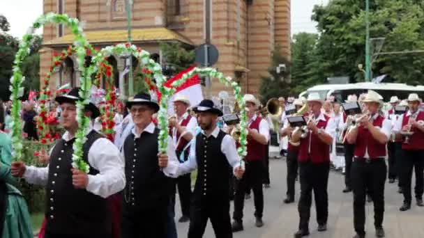 Timisoara Romania Junio 2019 Desfile Los Trajes Populares Suabios Con — Vídeo de stock