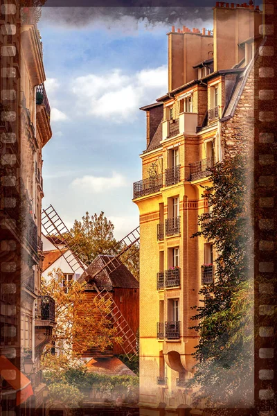 Old photo with view with old restaurant with windmill Moulin de — Stock Photo, Image