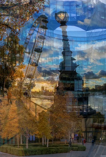 Esposizione multipla con London Eye, lampione e ufficio moderno — Foto Stock