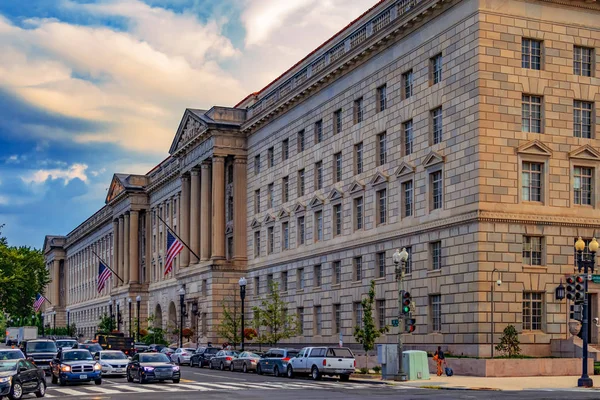 WASHINGTON DC, USA-AUGUST 31,2018:Herbert C.Hoover Federal Building. US Department of Commerce and Bureau of Industry and Security.Intersection of Constitution Ave NW with 15yh St NW near White House.