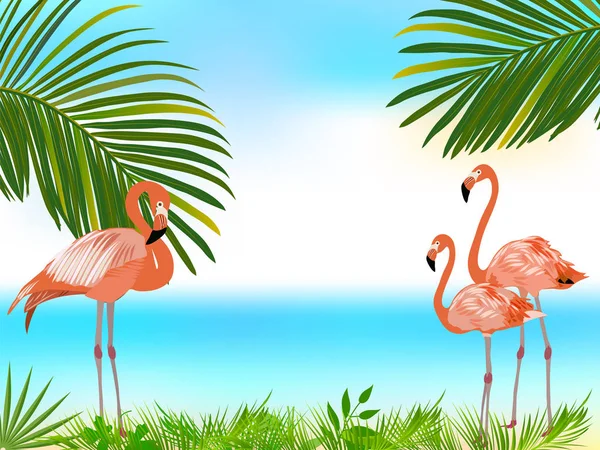 Vector Tropical Jungle Background Pink Flamingo Palm Trees Leaves — Stock Vector