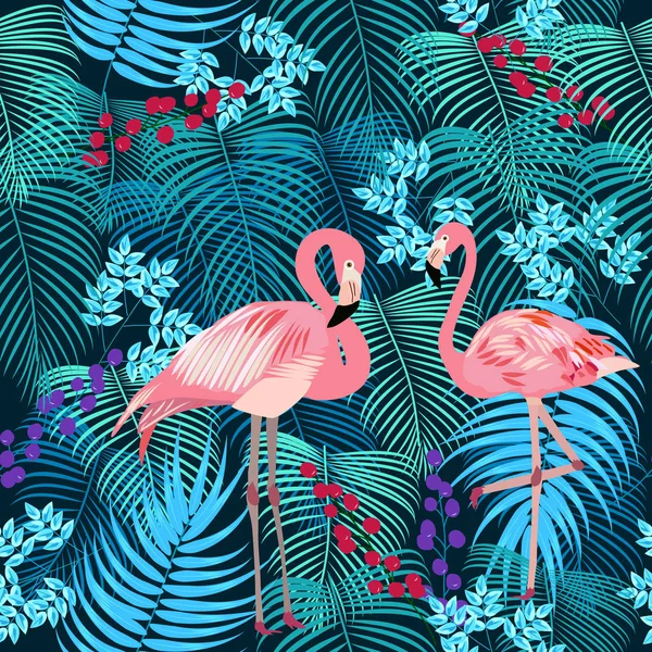 Modèle sans couture de flamant rose, feuilles tropicales de palmier . — Image vectorielle