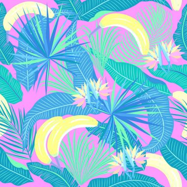 Palmiye ağacı ve bana tropikal yaprak sorunsuz vektör desen