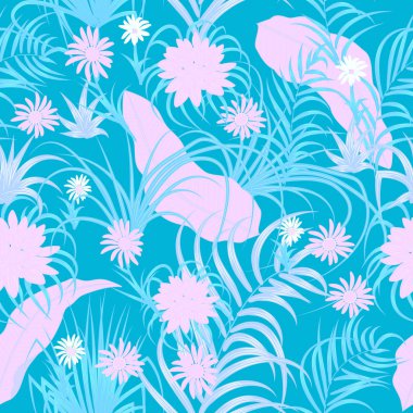 Tropikal yaprak ve çiçek seamless modeli, vektör