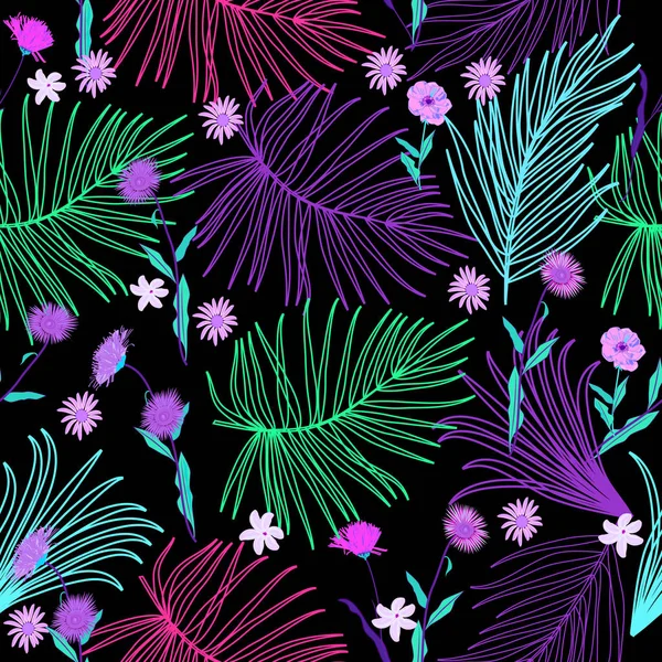 Hojas tropicales y flores patrón sin costura en colores de neón, vec — Vector de stock