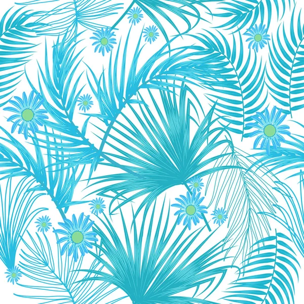 Tropical leaves and flowers seamless pattern, vector — Stock Vector