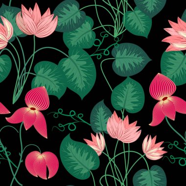 Tropikal yaprak ve çiçek seamless modeli, vektör
