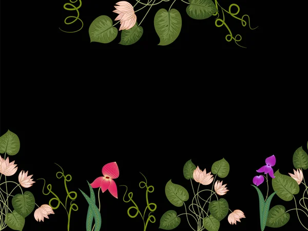 Διάνυσμα φόντο τροπική ζούγκλα με φύλλα και εξωτικά λουλούδια — Διανυσματικό Αρχείο