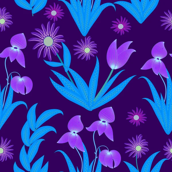 热带树叶和花朵霓虹色的无缝图案, vec — 图库矢量图片