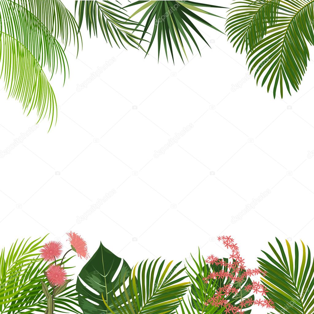 Vector tropical jungle background with palm trees and flowers