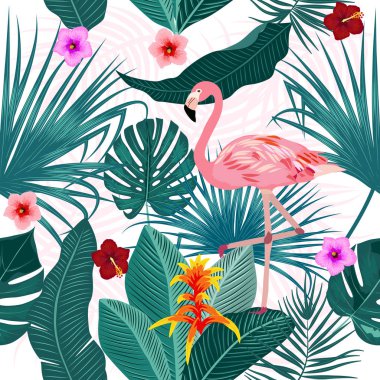 Tropikal yaprak, flamingo ve çiçekler Dikişsiz desen vektör