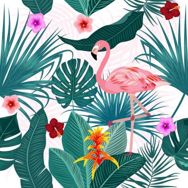 Tropical leaves, flamingo and flowers vector seamless pattern clipart