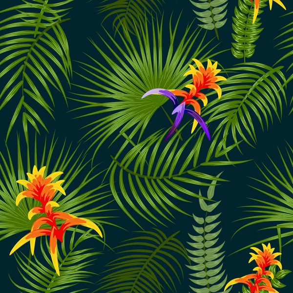 Hojas tropicales y flores patrón sin costura, vector — Vector de stock