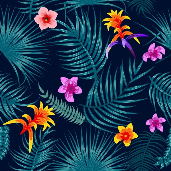 Hojas tropicales y flores patrón sin costura, vector — Archivo Imágenes Vectoriales