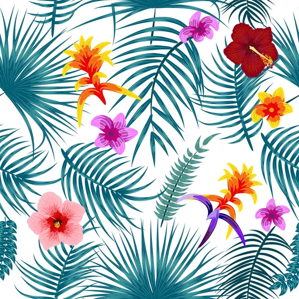 Hojas tropicales y flores patrón sin costura, vector — Archivo Imágenes Vectoriales