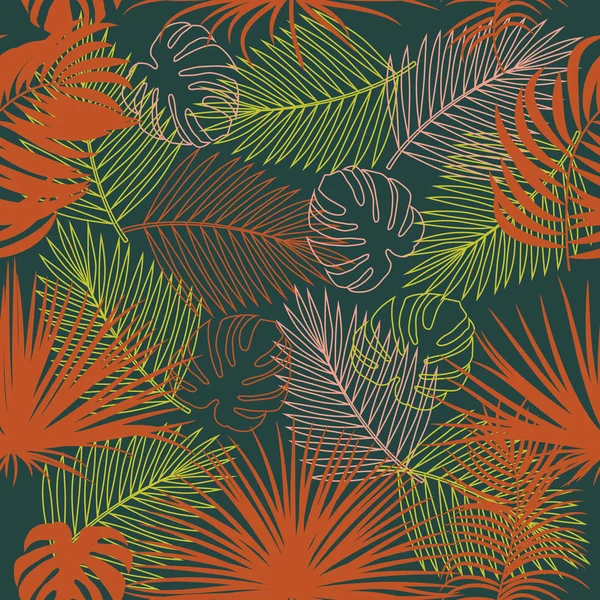 ヤシの木の葉を持つ熱帯ジャングルのシームレスなベクトルパターン — ストックベクタ