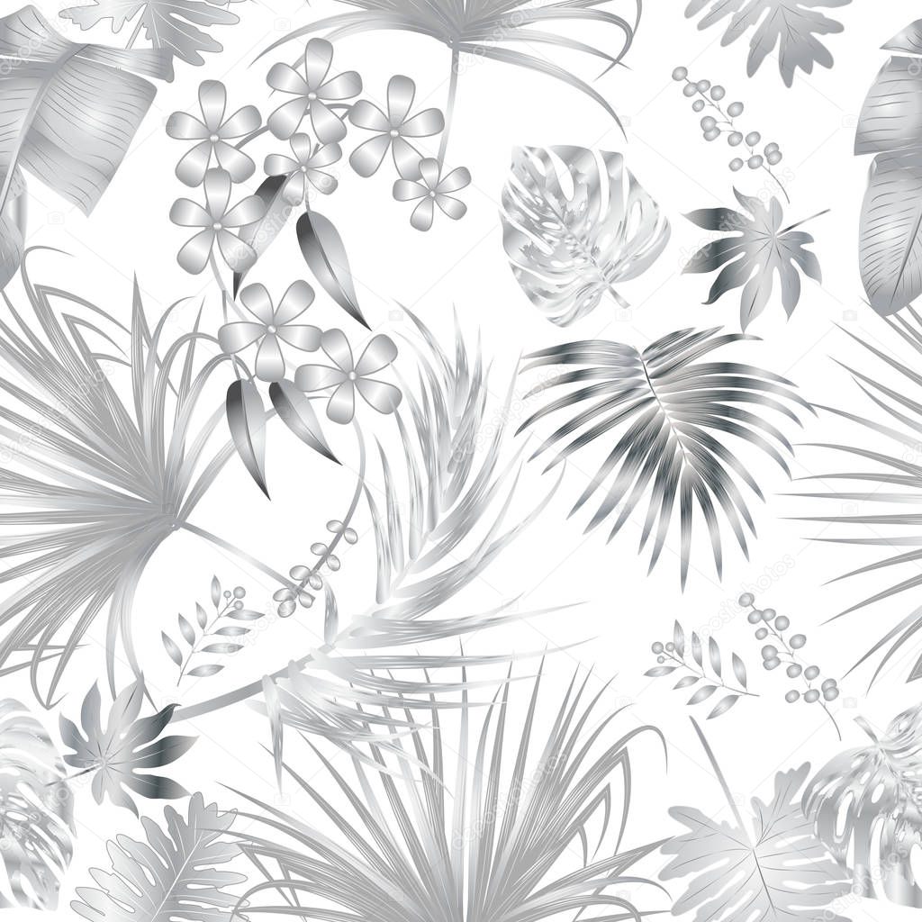 Seamless vector pattern of tropical jungle silver palm tree leav