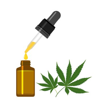 Esrar şişesi ve yeşil tıbbi marihuana yaprakları izole edilmiş. 