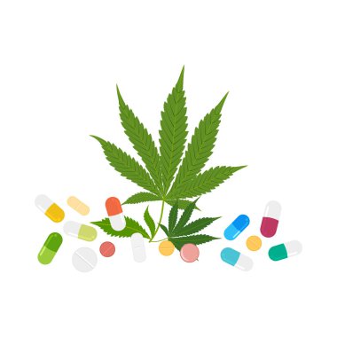 Cbd kapsülleri ve yeşil tıbbi marihuana yapraklı haplar isola