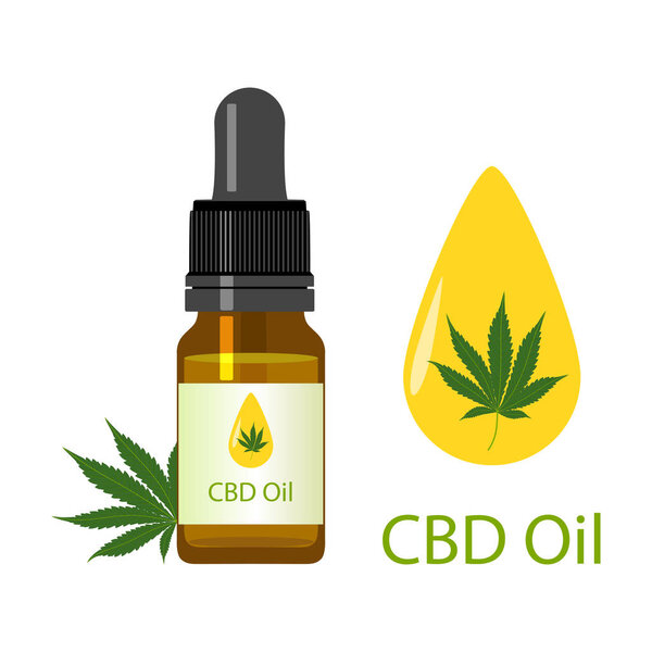Бутылка масла конопли и зеленые листья медицинской марихуаны изолированы
 