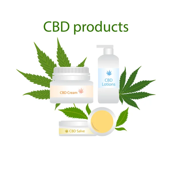 Productos CBD crema, ungüento, loción con marihuana medicinal verde — Vector de stock