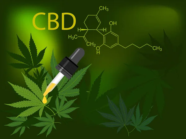 Aceite de cáñamo CBD con hojas de marihuana medicinal verde en vector oscuro — Vector de stock