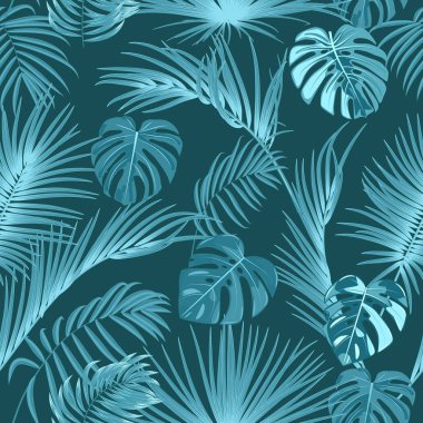 Tropik orman monokrom palmiyesi pürüzsüz desen, vektör bırakır 