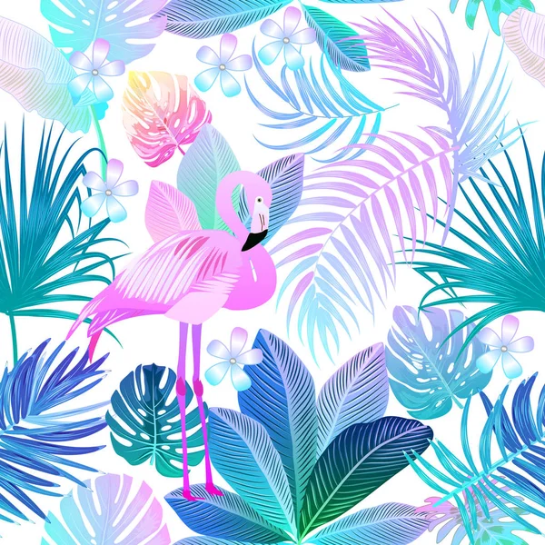 Тропические джунгли неоновые пальмовые листья плавно узор с фламинго , — стоковый вектор
