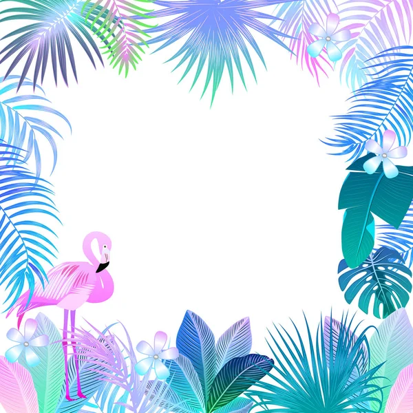 Cadre de feuilles de palmier néon jungle tropicale avec flamant rose, vecteur bac — Image vectorielle