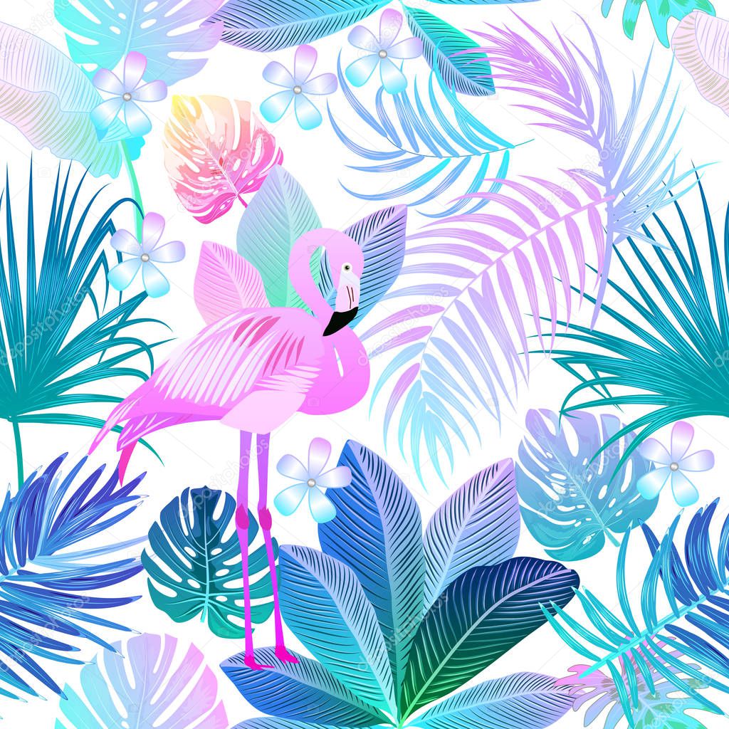 Tropical jungle neon palm leaves seamless pattern with flamingo,