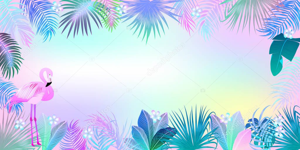 Tropical jungle neon palm leaves frame with flamingo, vector bac
