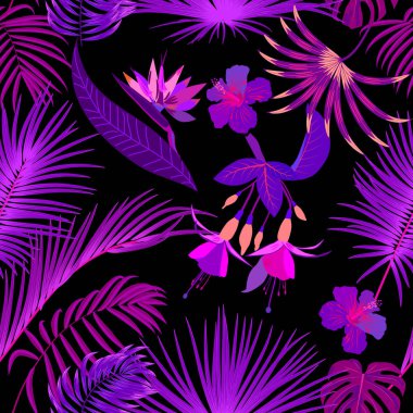 Tropik orman palmiyesi pürüzsüz desen, vektör arkaplan bırakır