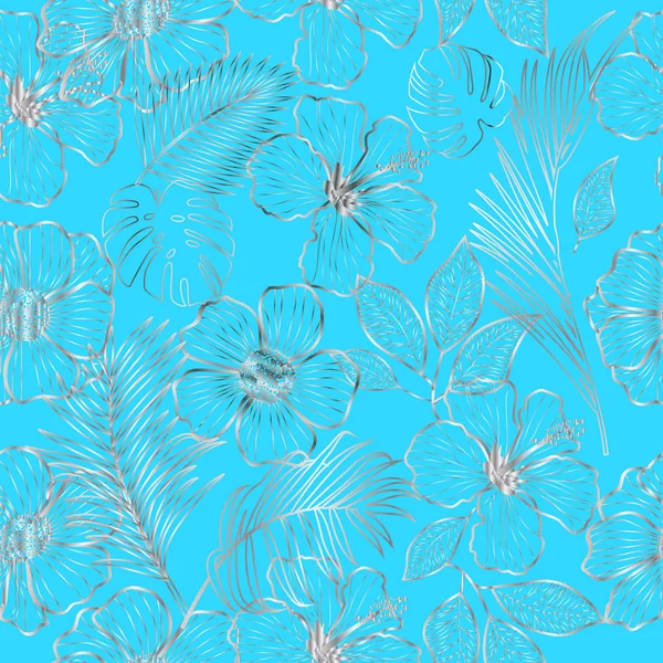 病媒银质轮廓花朵无缝图案 — 图库矢量图片