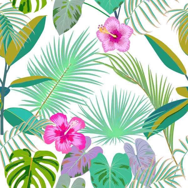 Tropical jungle palm leaves seamless pattern, vector background — Stock Vector