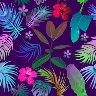 Tropikal orman neon palmiyesi pürüzsüz iz bırakır, vektör geri-