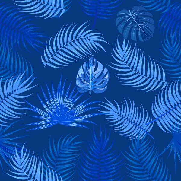 Patrón clásico sin costura azul de hojas de palmera, monstera, flo — Archivo Imágenes Vectoriales
