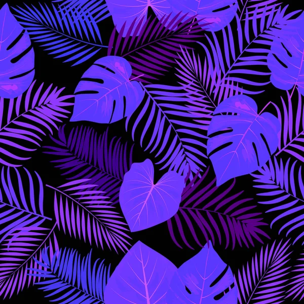 Neon violet, blauw naadloos patroon van bladeren palmboom, monstera — Stockvector